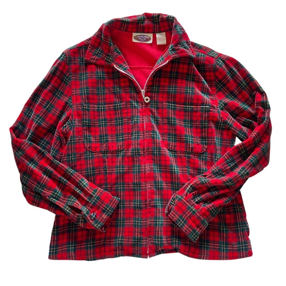 Vintage Casualaire Flannel Velvet Jacket Full Zip Plaid Red‎ Green Womens Size M